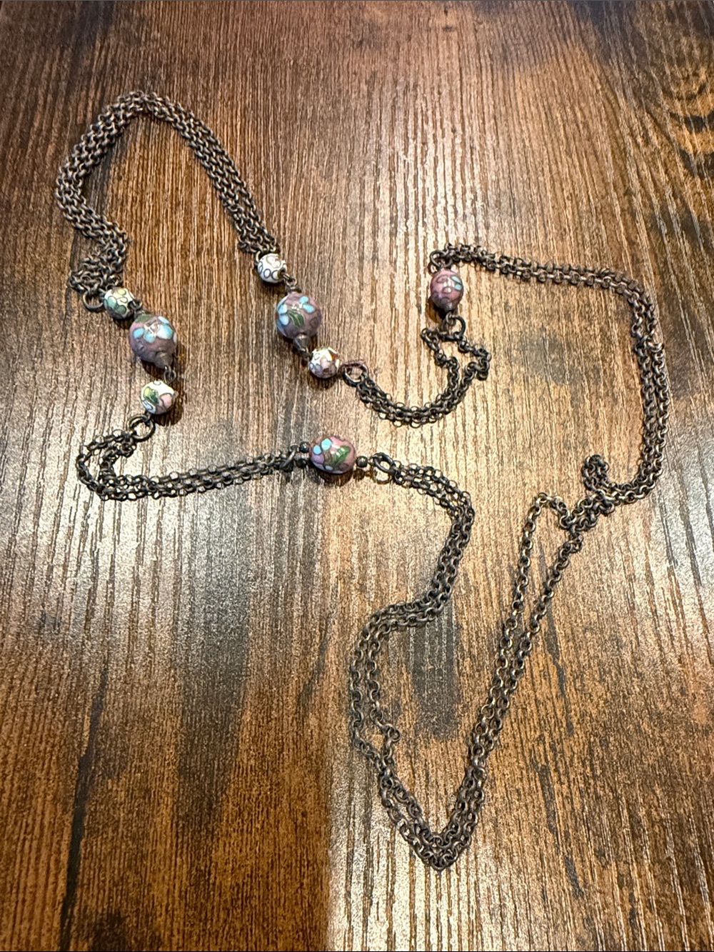 Long Cloisonné Bead Necklace in Purple and Green with Antiqued Chain